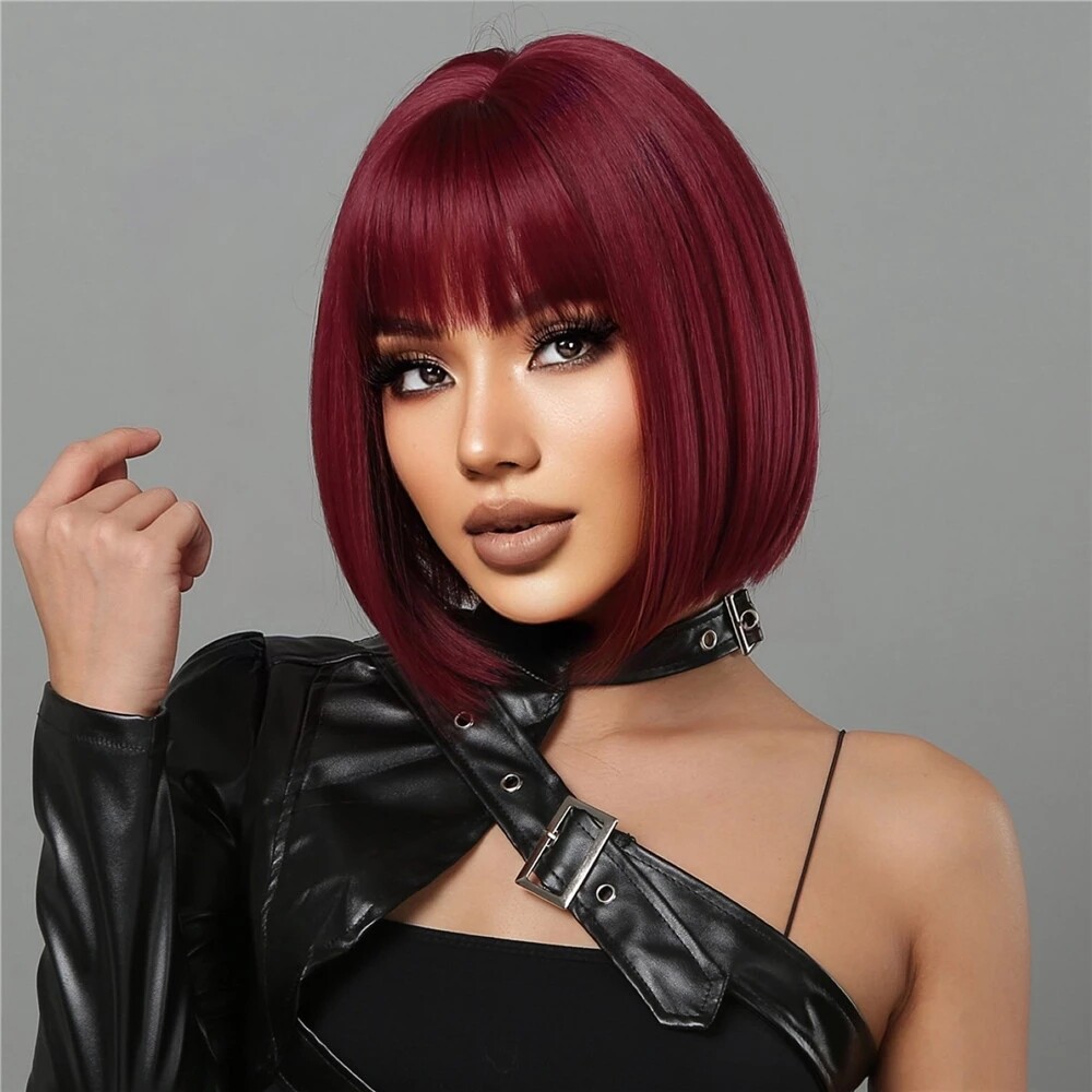 Women Short Synthetic Wigs with Bangs Wine Red Color Natural Bob Straight Wigs