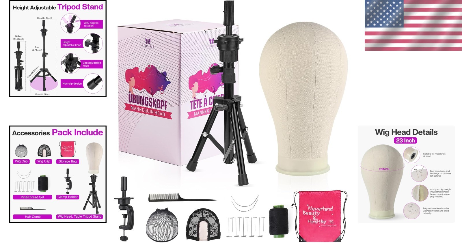 Complete Wig Making Kit: 23-Inch Canvas Head with Tripod & Styling Accessories