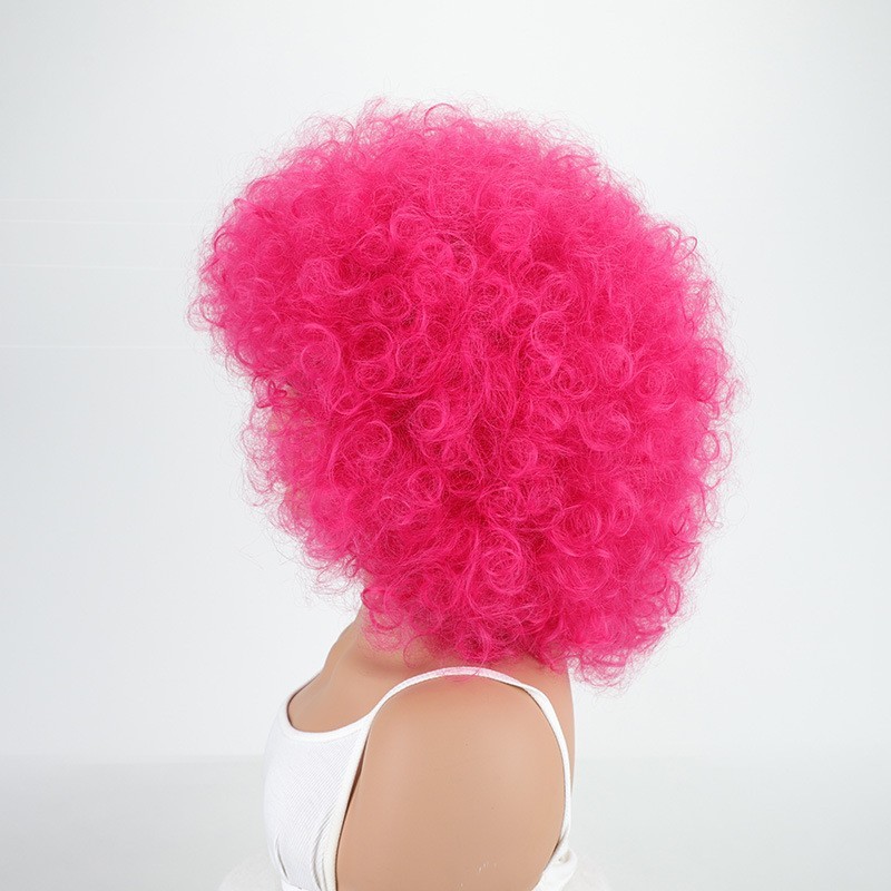 Hot Pink Afro Short Curly Wigs Pink Fluffy 70s Crazy Disco Funny Wigs Cosplay Pa