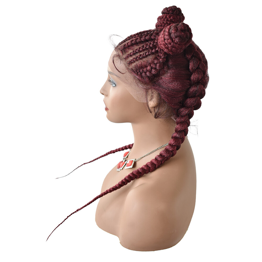 Swiss Lace Front Cornrow Box Braided Women Wigs Baby Hair 2 Updo Buns Ponytails