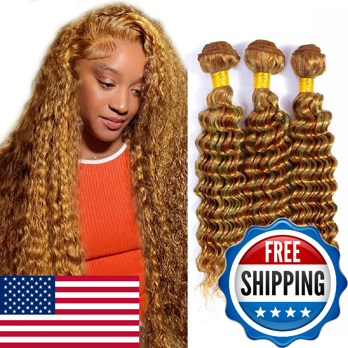 Lukcttr Highlight Honey Blonde Human Hair Ombre Deep Wave Bundles P2730-34 Inch