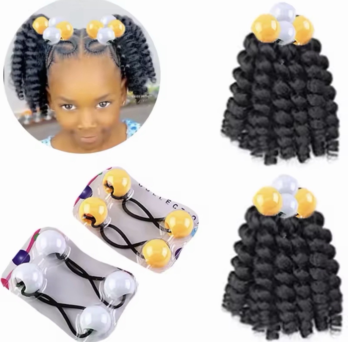 2-Pack Synthetic Black Curly Hair Extensions w/ Elastic Band & Beads, Girls