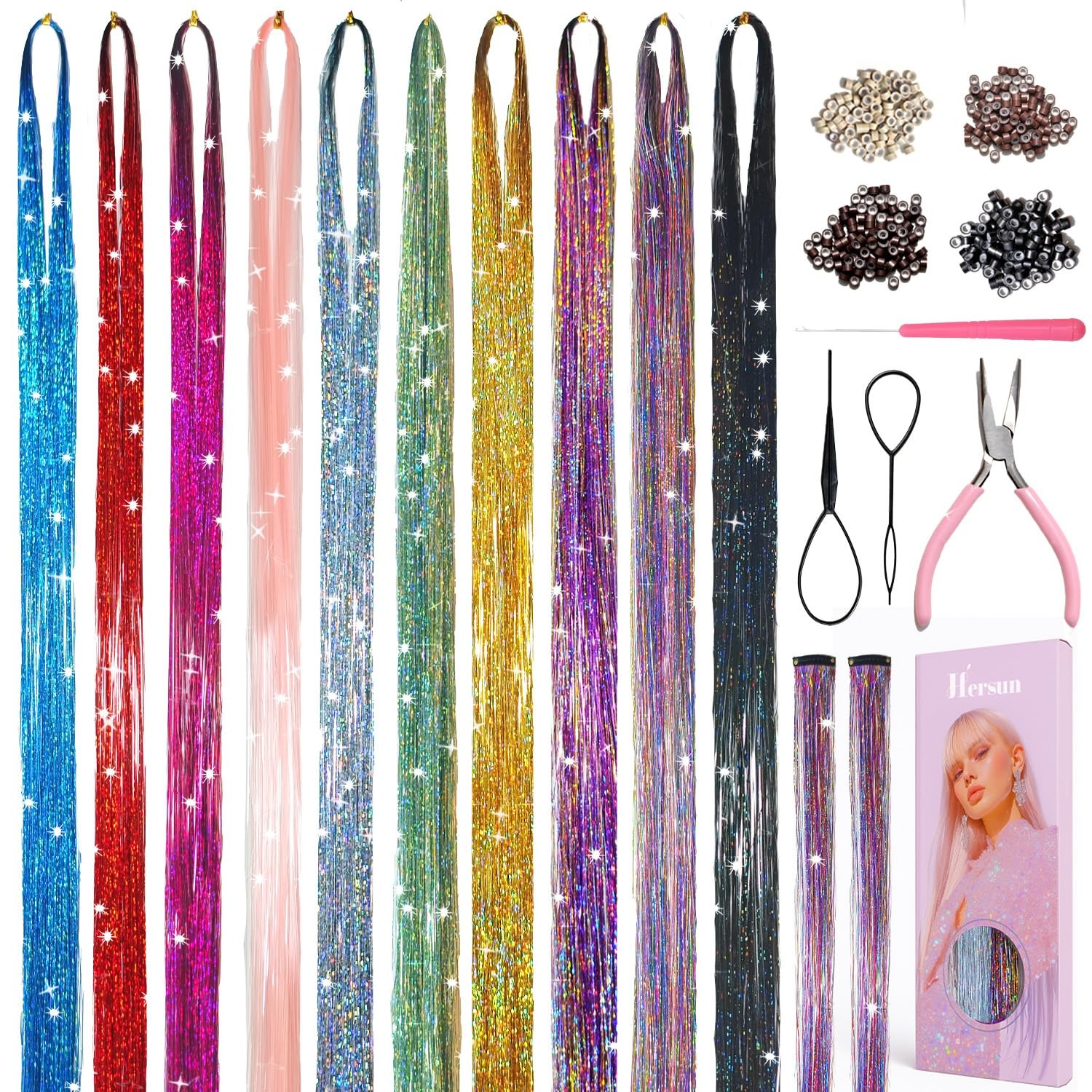 Hair Tinsel 10 Colors 3200 Strands 48in with Tools Fairy Tinsel Hair Extensio…