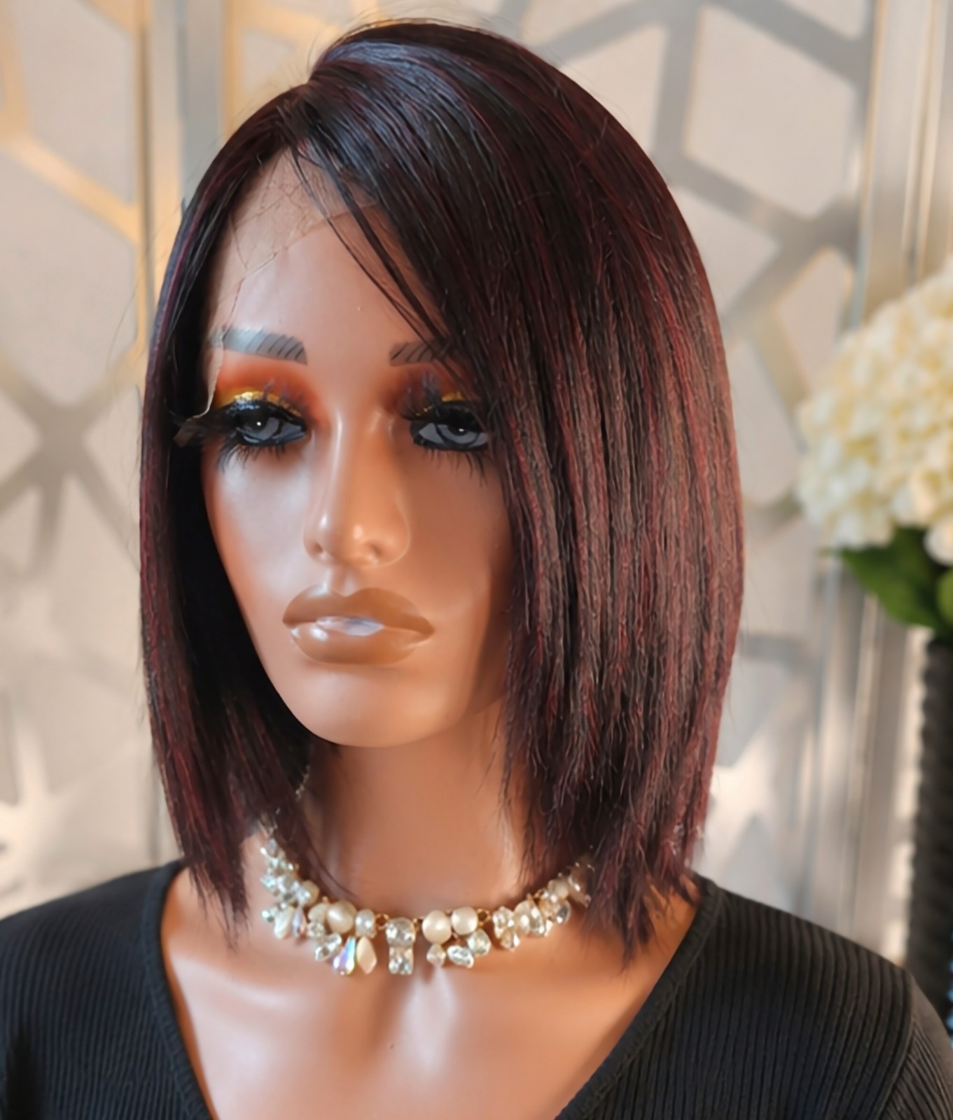 Burgundy Straight Wig Lace Front Human Hair Blend Short Brown Wig Glueless 99J
