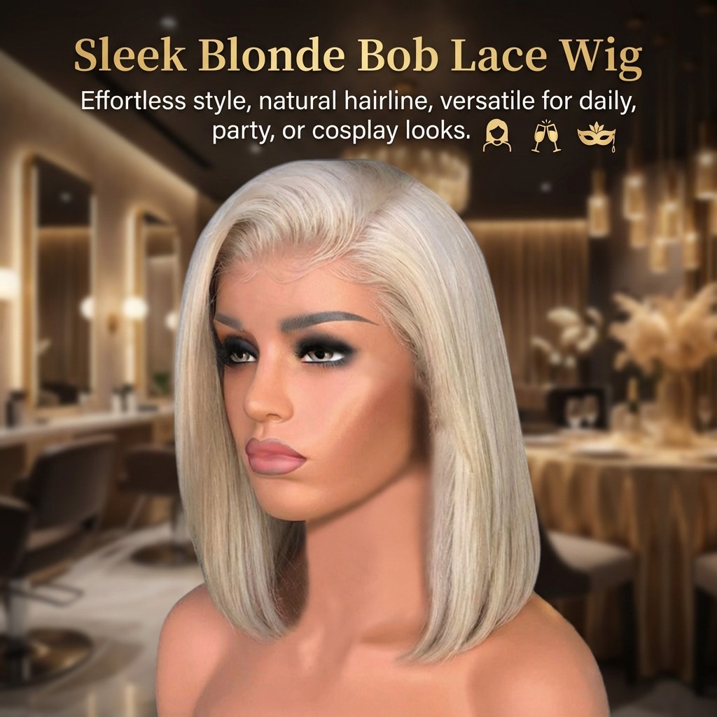 Golden Blonde Short Bob Cut Wig with Middle Part Straight Hair Fashionable Style