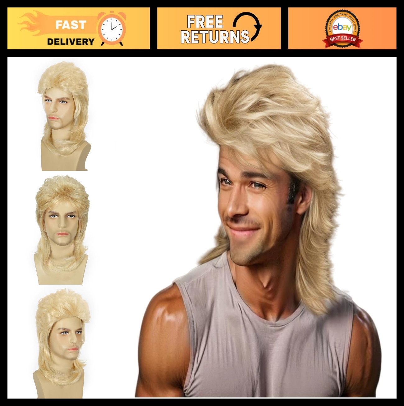 Light Blonde Mullet Wig for Men – 80s Punk Rocker Hair, Party & Halloween Costum