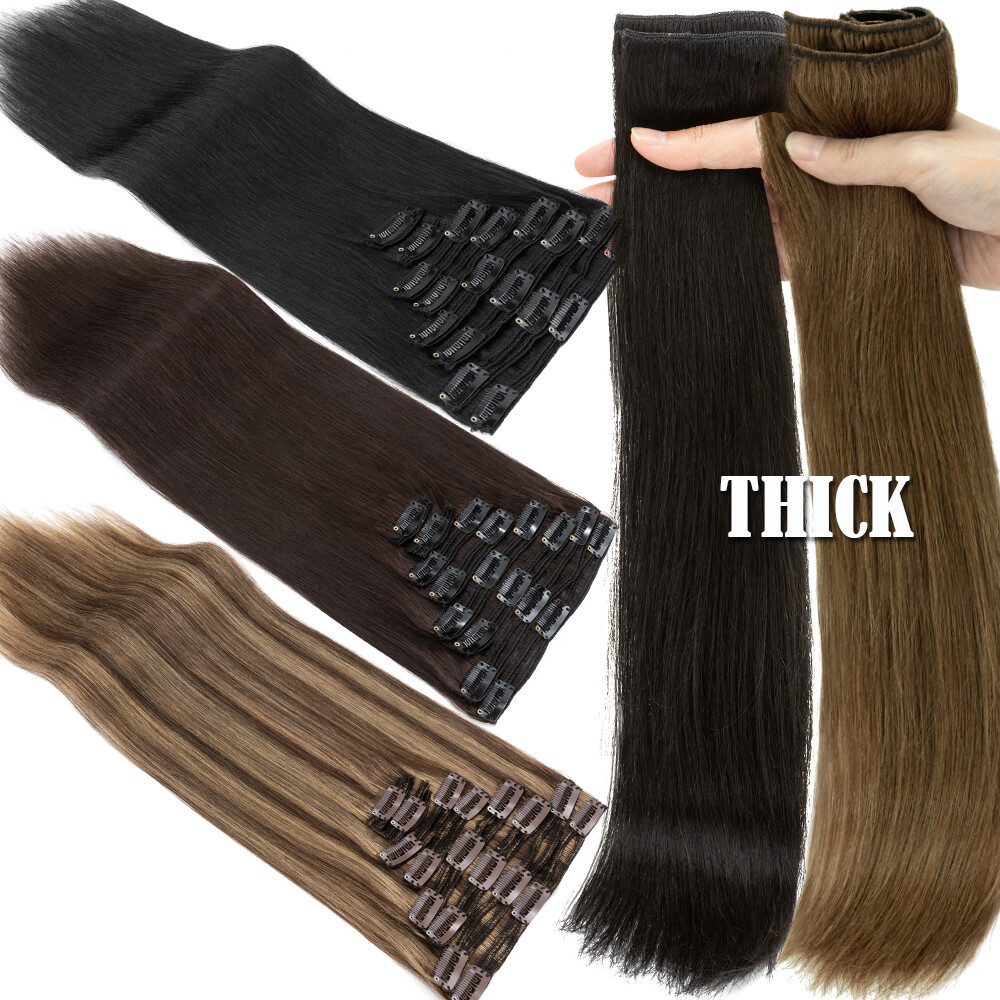 US Highlight THICK Double Weft Clip In Real Human Remy Hair Extensions Full Head