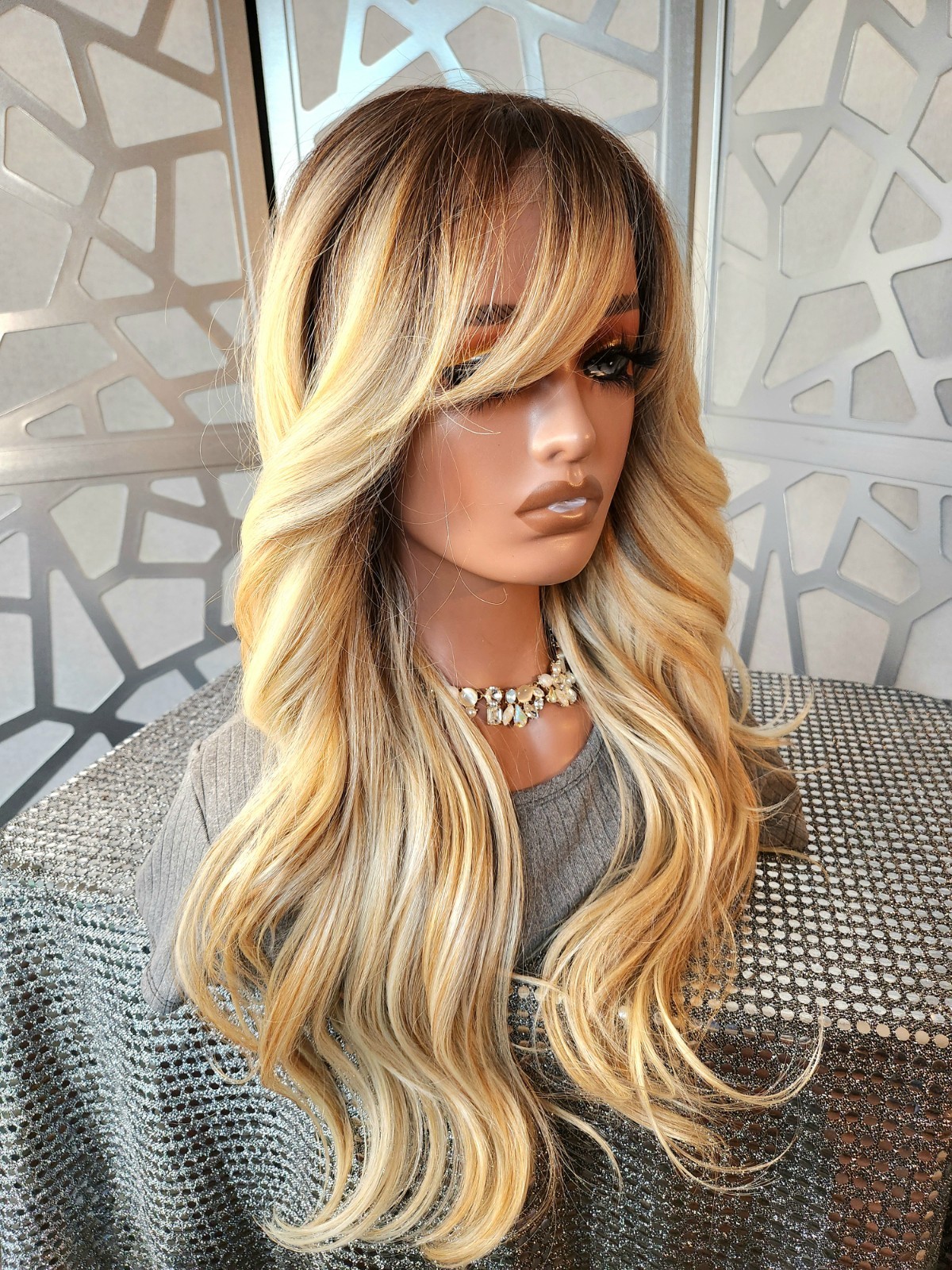 Wig with Bangs Ombre Blonde Wig 13×4 Lace Front Loose Wave Human Blend Glueless