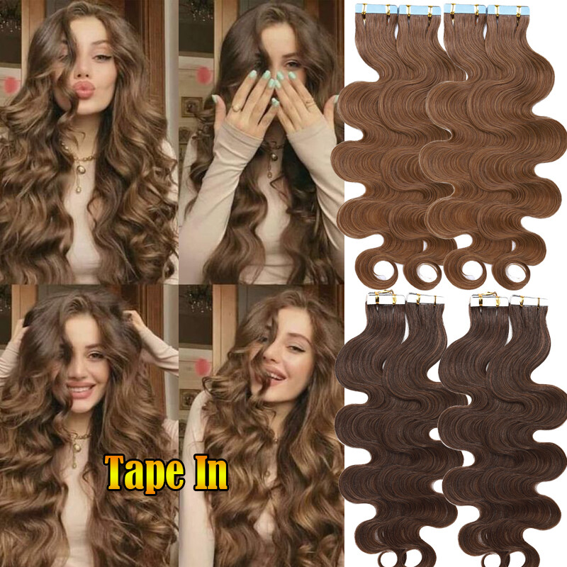 20/40/60pcs Thick Tape In Human Hair Extensions Skin Weft Body Wave Curly #Brown