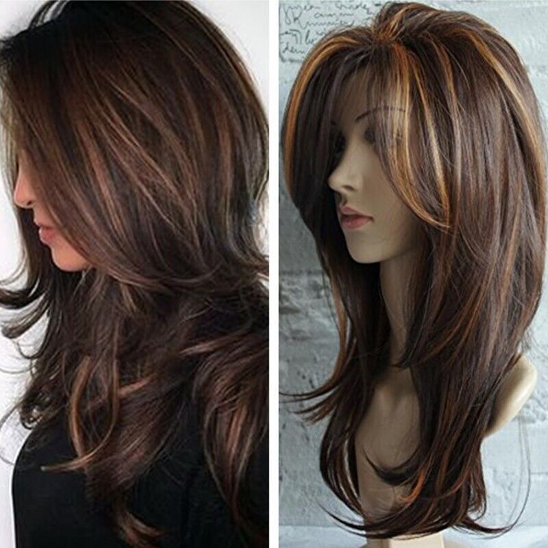 Dark Brown w/Gold Highlight Ombre Shoulder Length Wig Women Synthetic Curly Hair