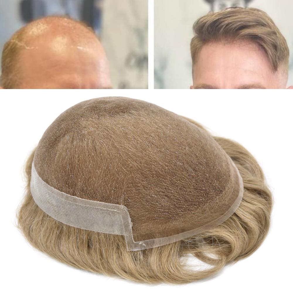 French Lace Front Mens Toupee Poly Skin Hairpieces Human Hair Replacement System