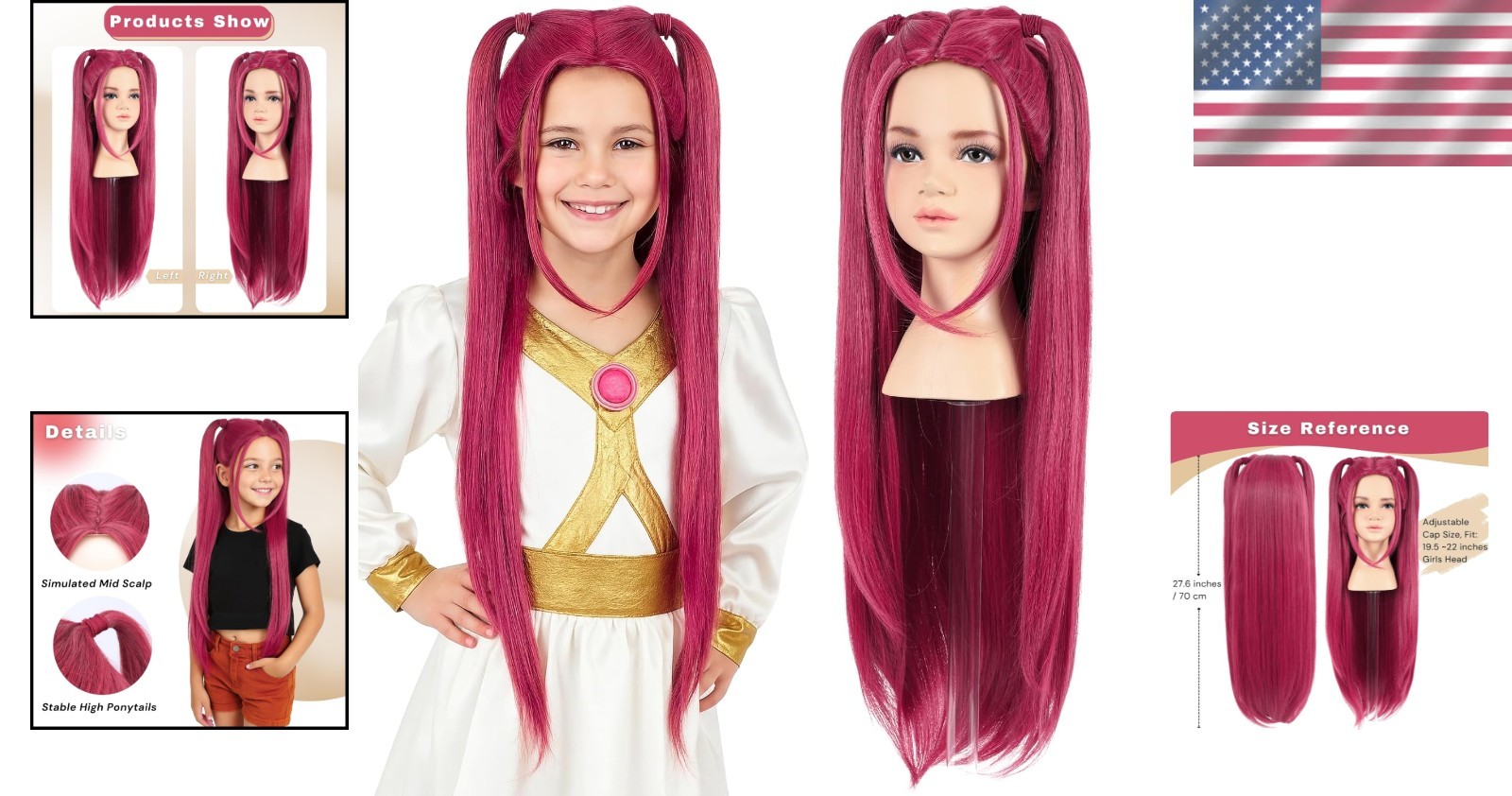 KPop Demon Hunter Mira Wig Kid Size Pink Long with 2 Ponytails Halloween Costume