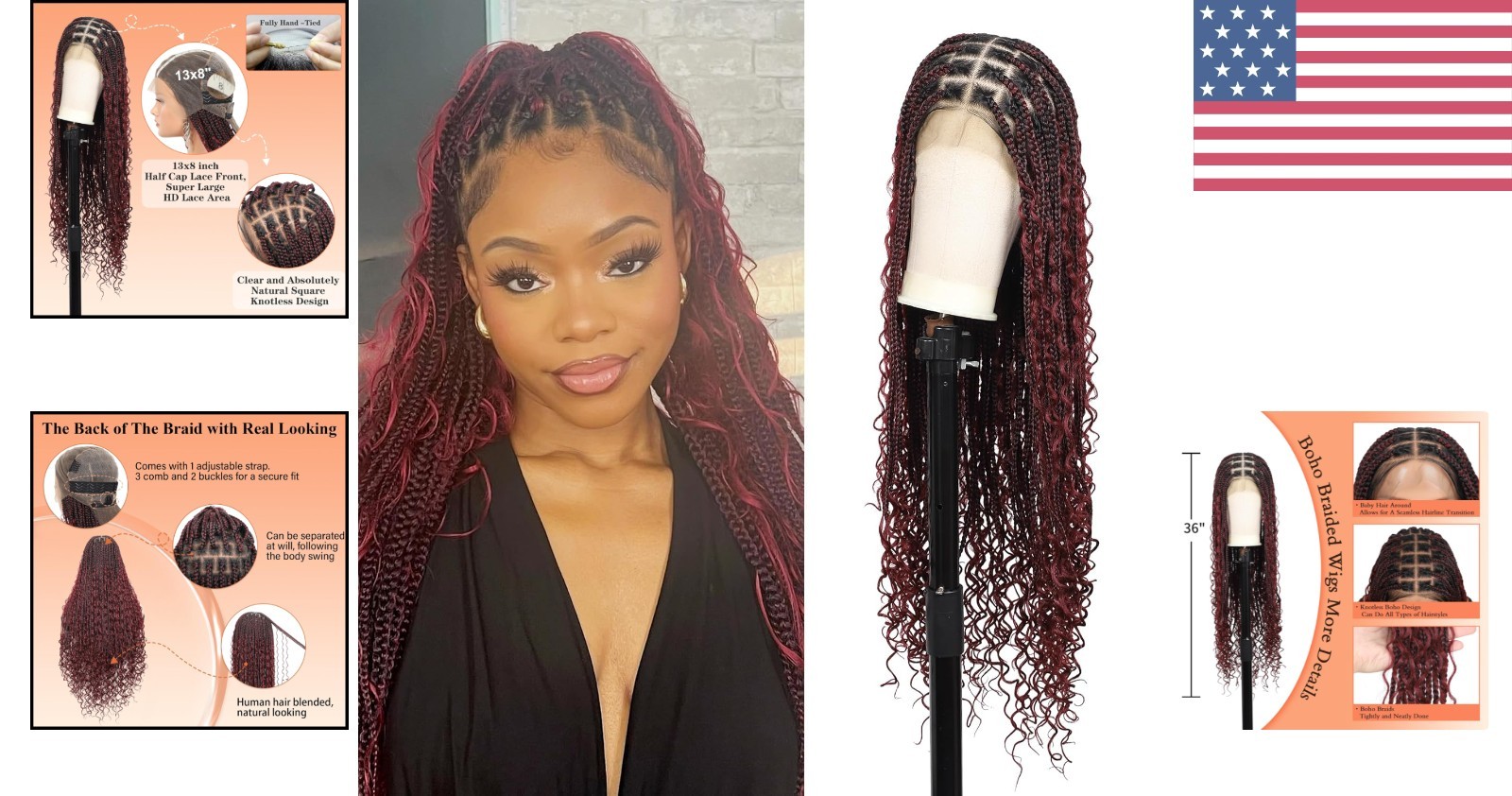 Gorgeous Burgundy 36″ Knotless Braided Wig – 13×8 HD Lace for Seamless Style