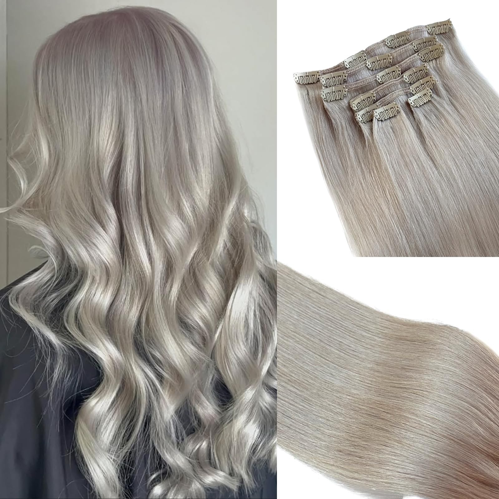 Gray Silver Clip in Hair Extensions 20 Inch 70G Silky Straight Silver Human Hair