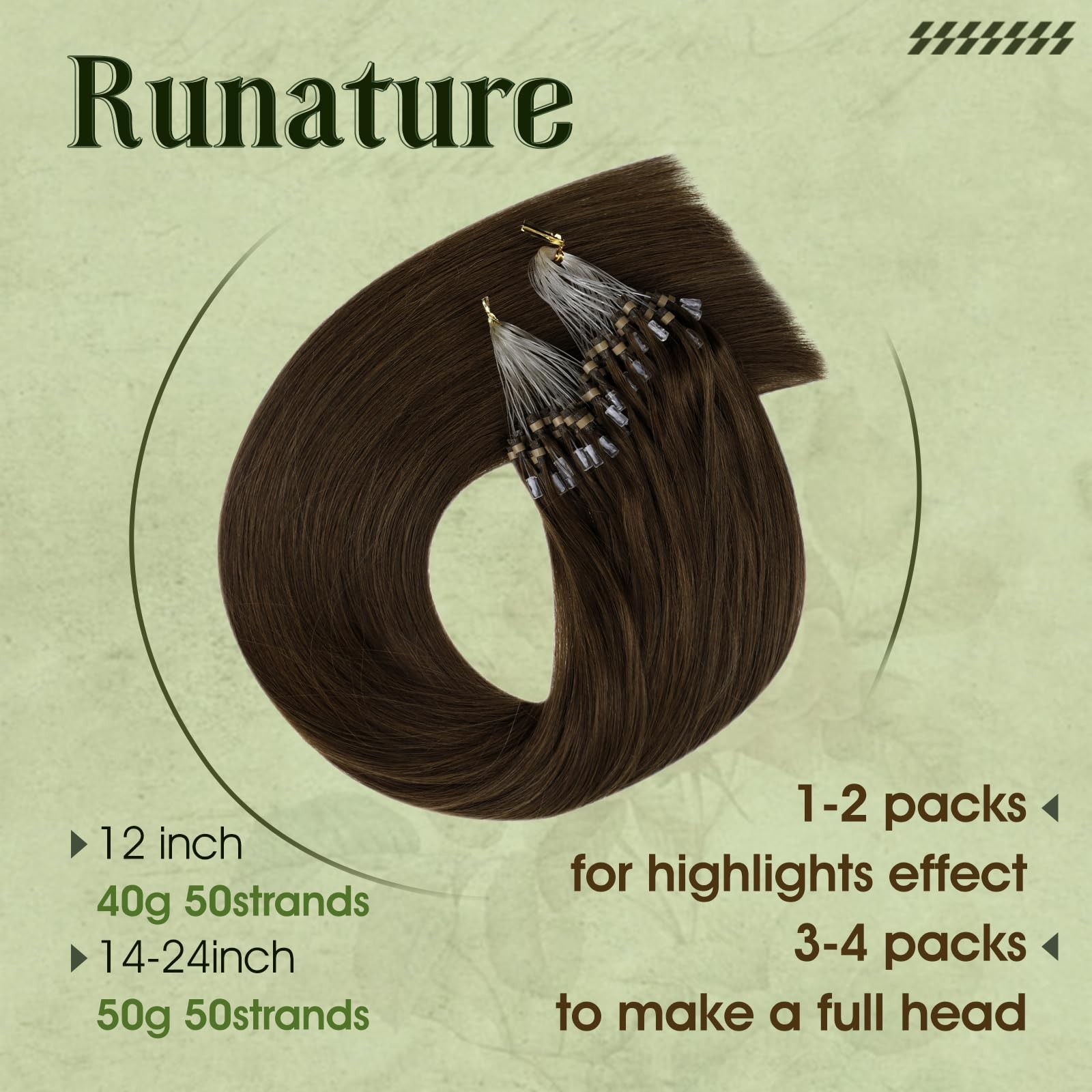 Runature Micro Link Hair Extensions Human Hair Dark Brown Micro Bead Hair