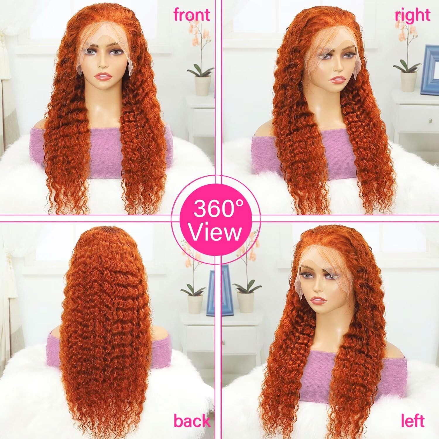 26″ Ginger Orange Deep Wave Lace Front Wig, 13×4 HD Transparent, 180% Density, C