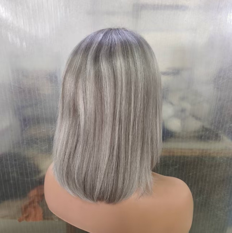 Silver Ash Blonde Gray Highlight Bob Wigs with Bangs 100% Human Hair Lace Front