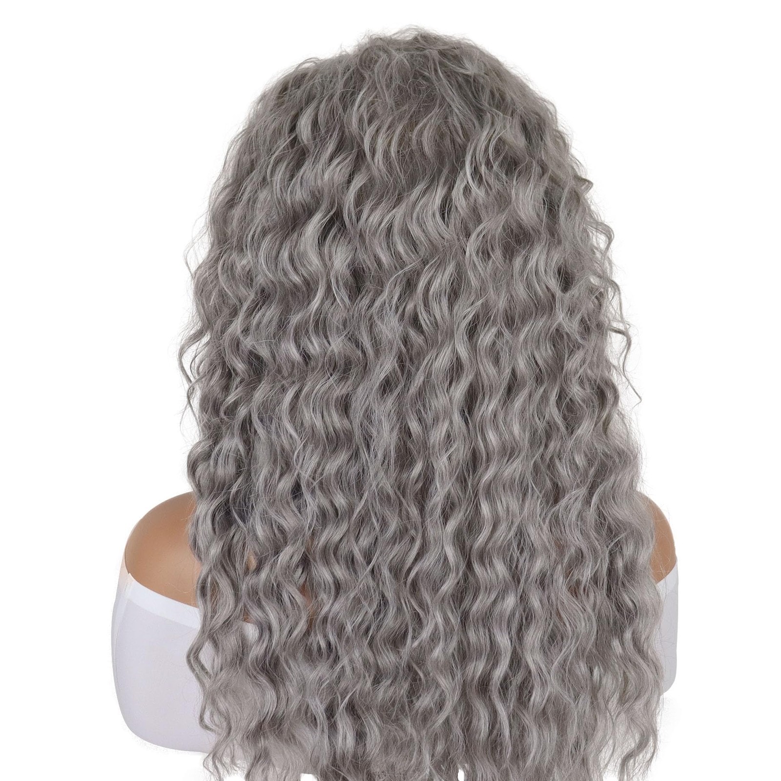 28 inches Long Grey Cosplay Wig – Natural Wavy Fluffy Curly Hair Synthetic Fi…