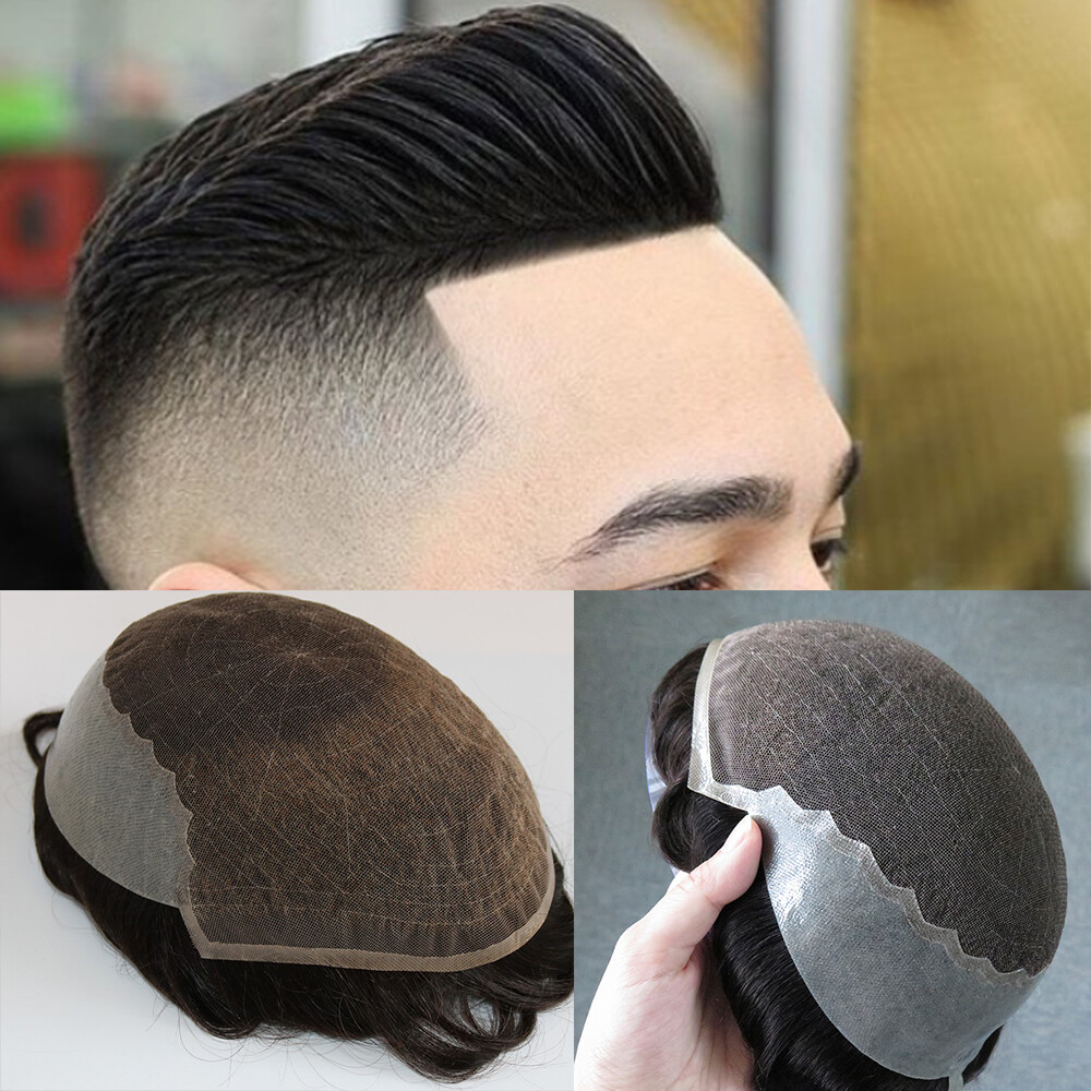 French Lace Front Mens Toupee Natural Hairline Human Hair System For Men Poly Sk