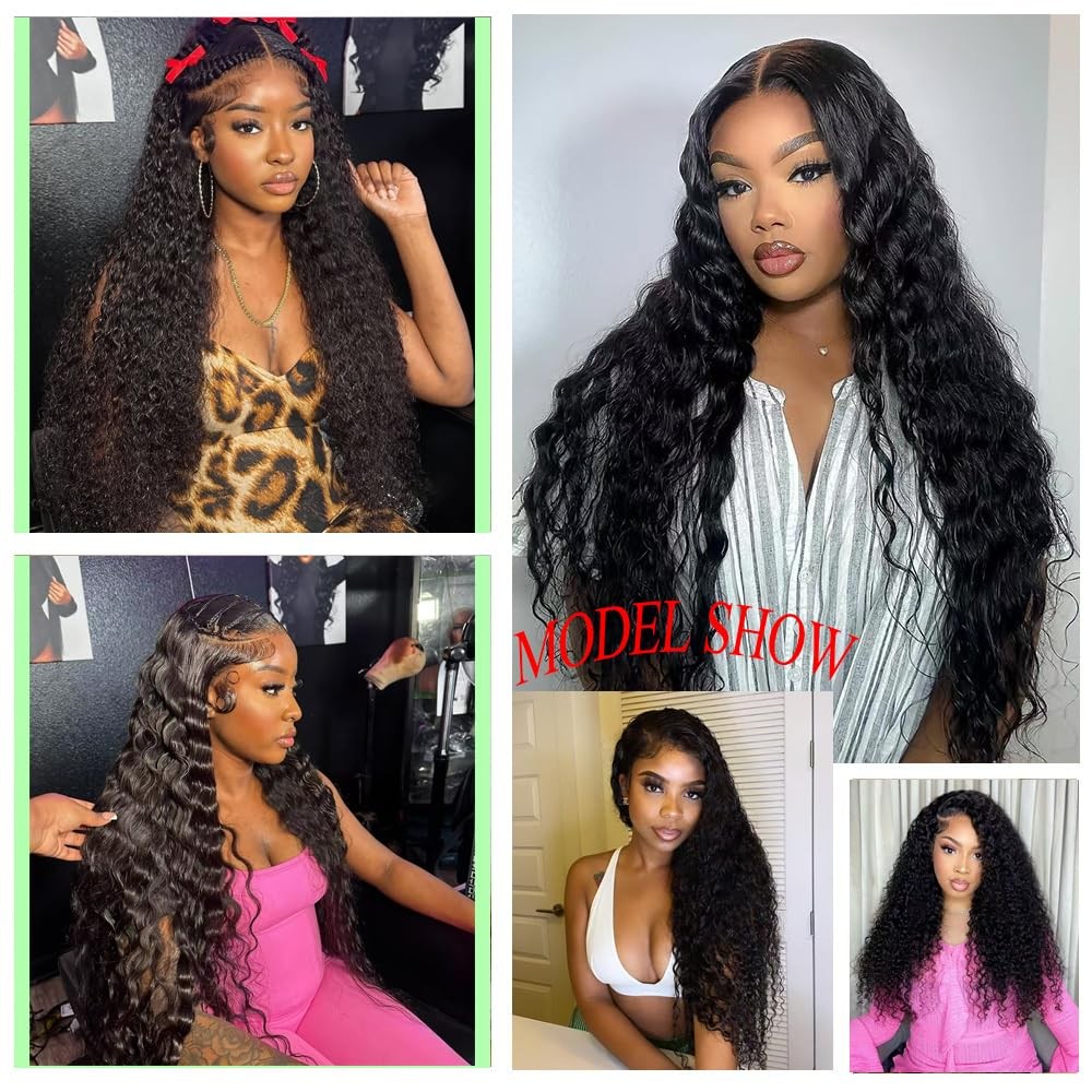 30 Inch Deep Wave Lace Front Wigs Human Hair Pre Plucked 200 Density HD Trans…