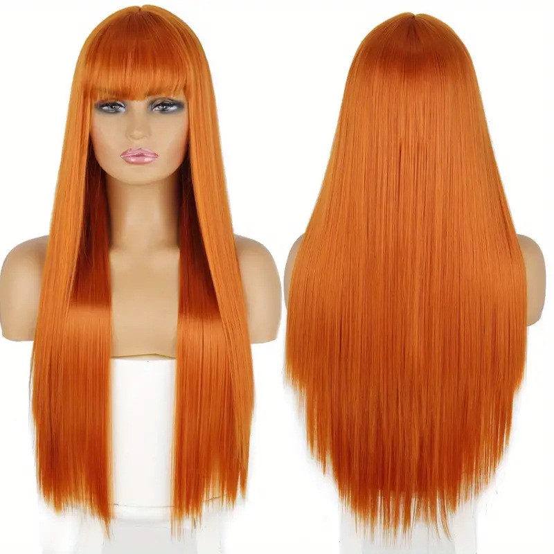Long Straight Wig With Bangs For Women Multi Color Heat Resistant Synthetic