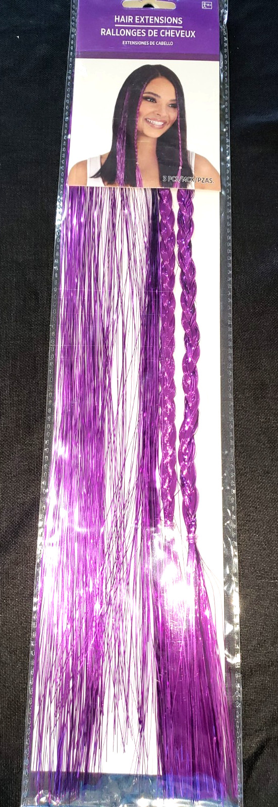 NEW NIP PURPLE METALLIC HAIR EXTENSIONS 3 CLIP 18 INCH LONG AGES 14 UP HALLOWEEN