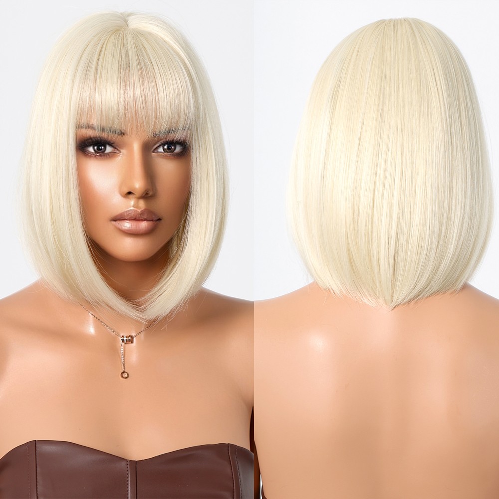 Heat Resistant Hair Blonde Bob Straight Dress Up Wig With Bangs Natural