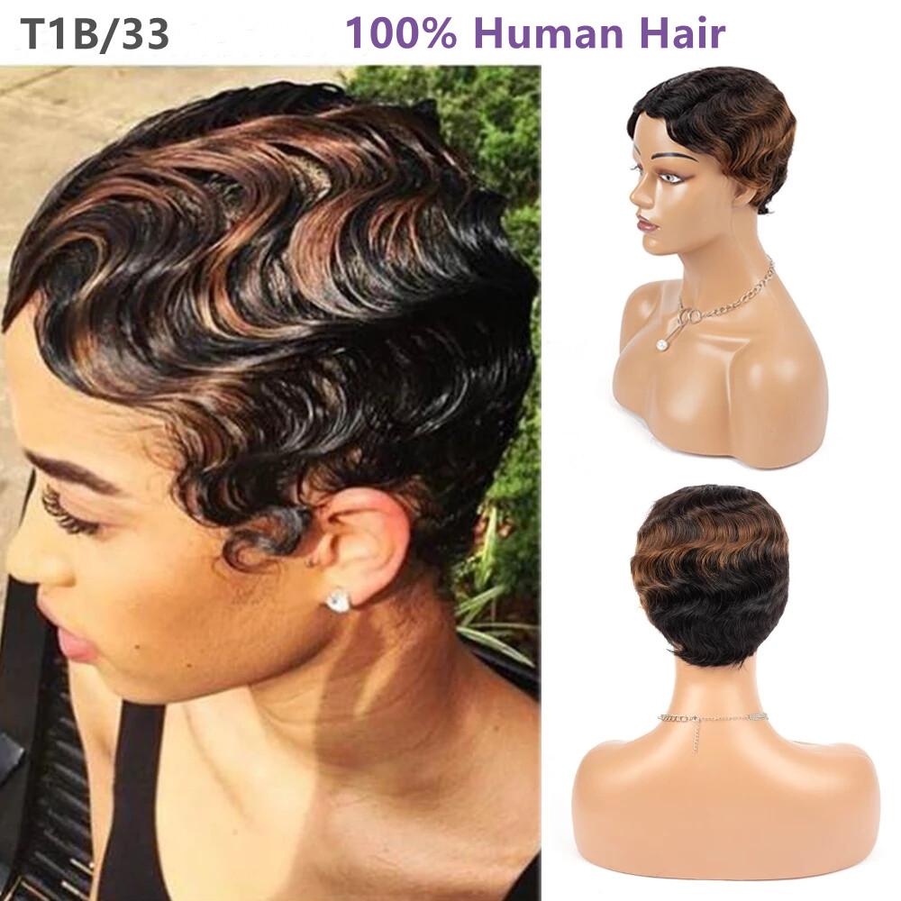 Short Wig Black Brown Curly Wig Finger Wave 100% Human Hair Full Wig Fashion Wig