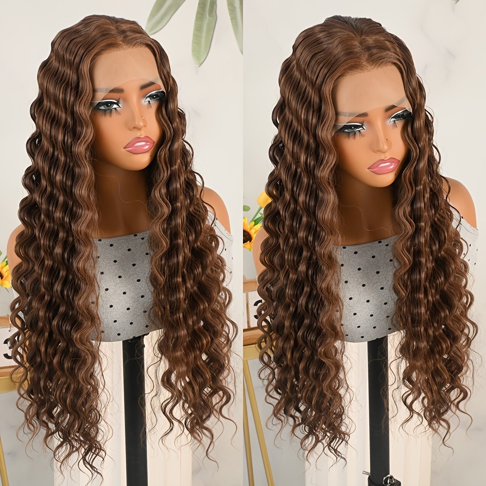 Lace Front Wigs Long Deep Wave 13×4 Glueless Replacement Hair Brown Highlight