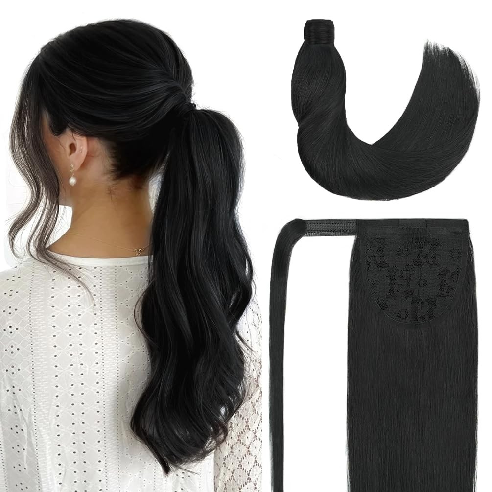 Amygirl Ponytail Extension Human Hair 14 Inch Natural Black Silky Straight Clip