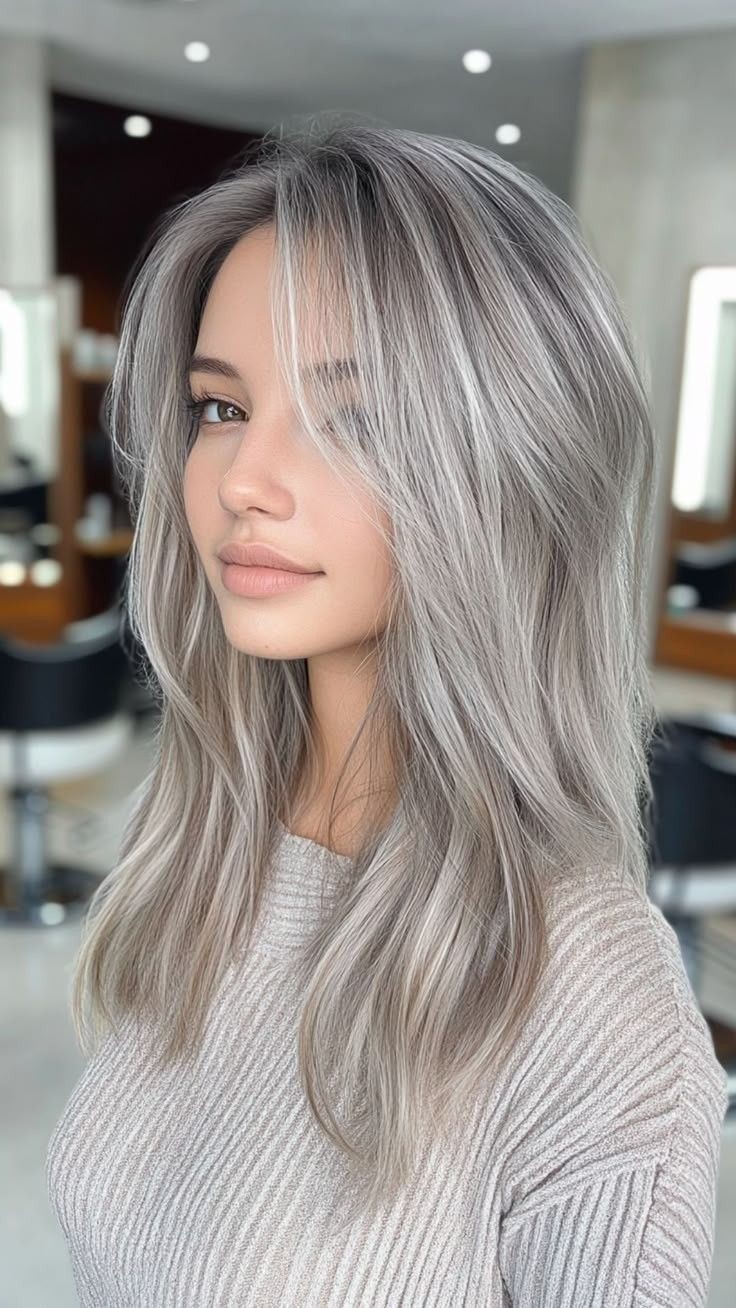 Silver Gray Highlight Wave Wigs Ash Roots 13×4 Lace Front 100% Human Hair Wigs