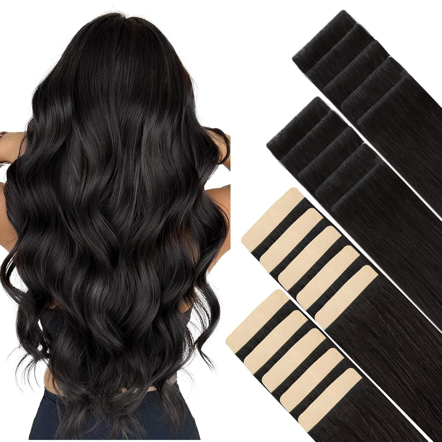 Invisi Edge Tape in Hair Extensions Human Hair, 1B Natural Black 10Pcs Injected