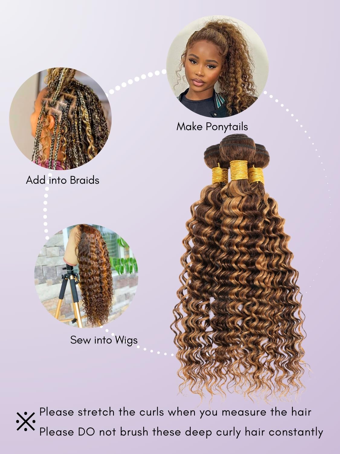 Honey Blonde Highlight Deep Wave 3 Bundles 100% Virgin Human Hair Extensions, Om