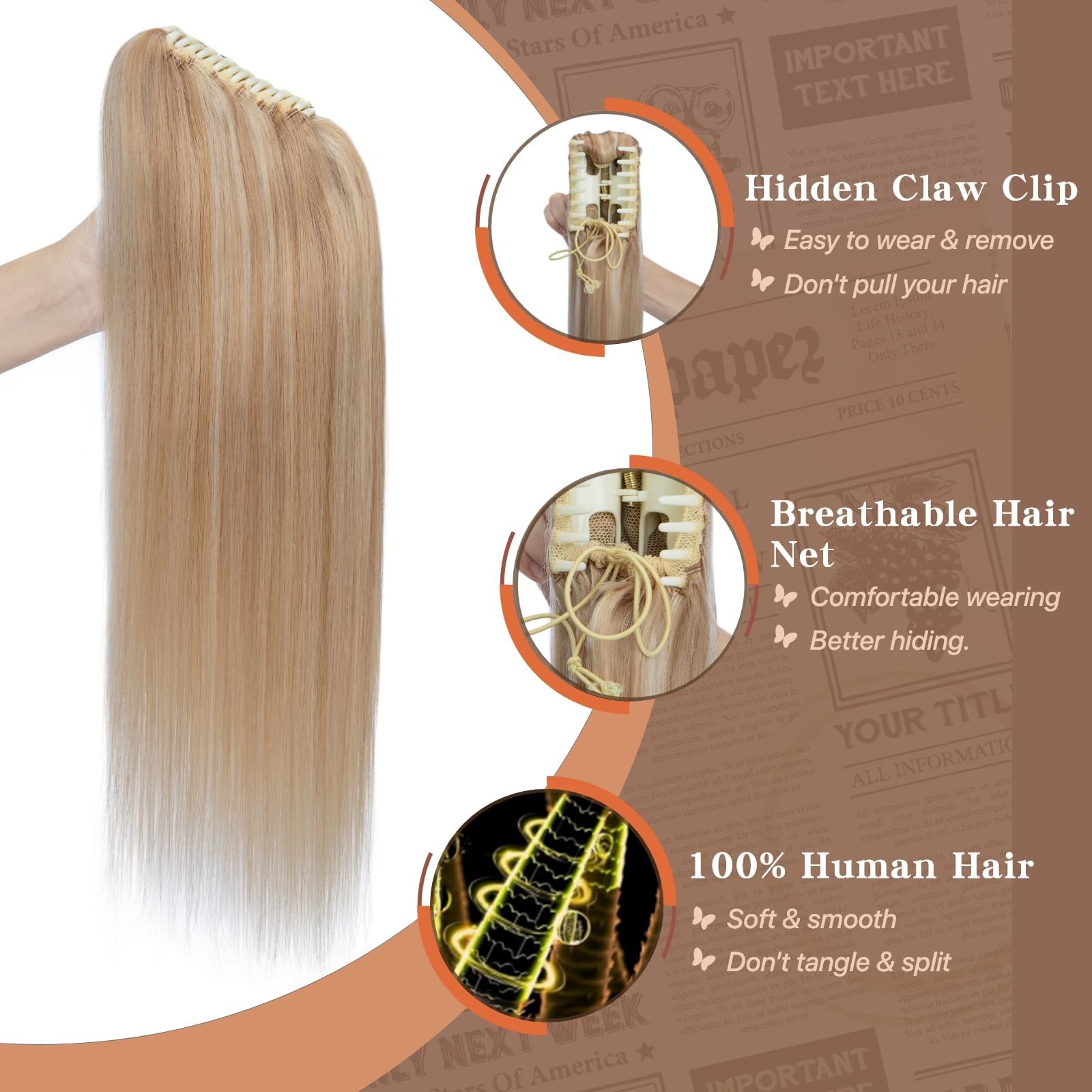 Tesshair Human Hair Ponytail Claw Clip Ponytail Extension Human Hair No 14 Inch