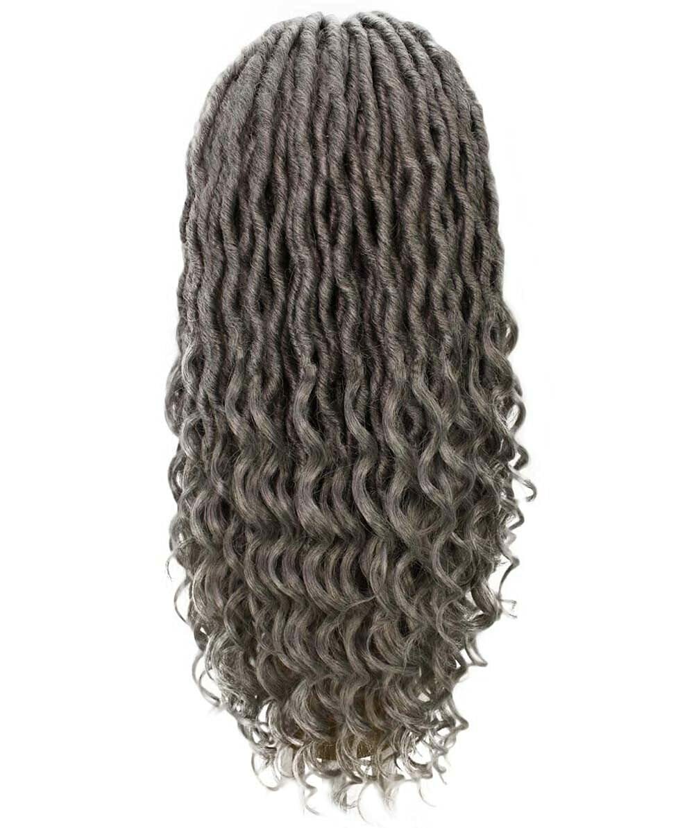 LUXLUXE Andrea 4×4 Curly Long 4X4 Hand Tied Lace Braid Grey Wig