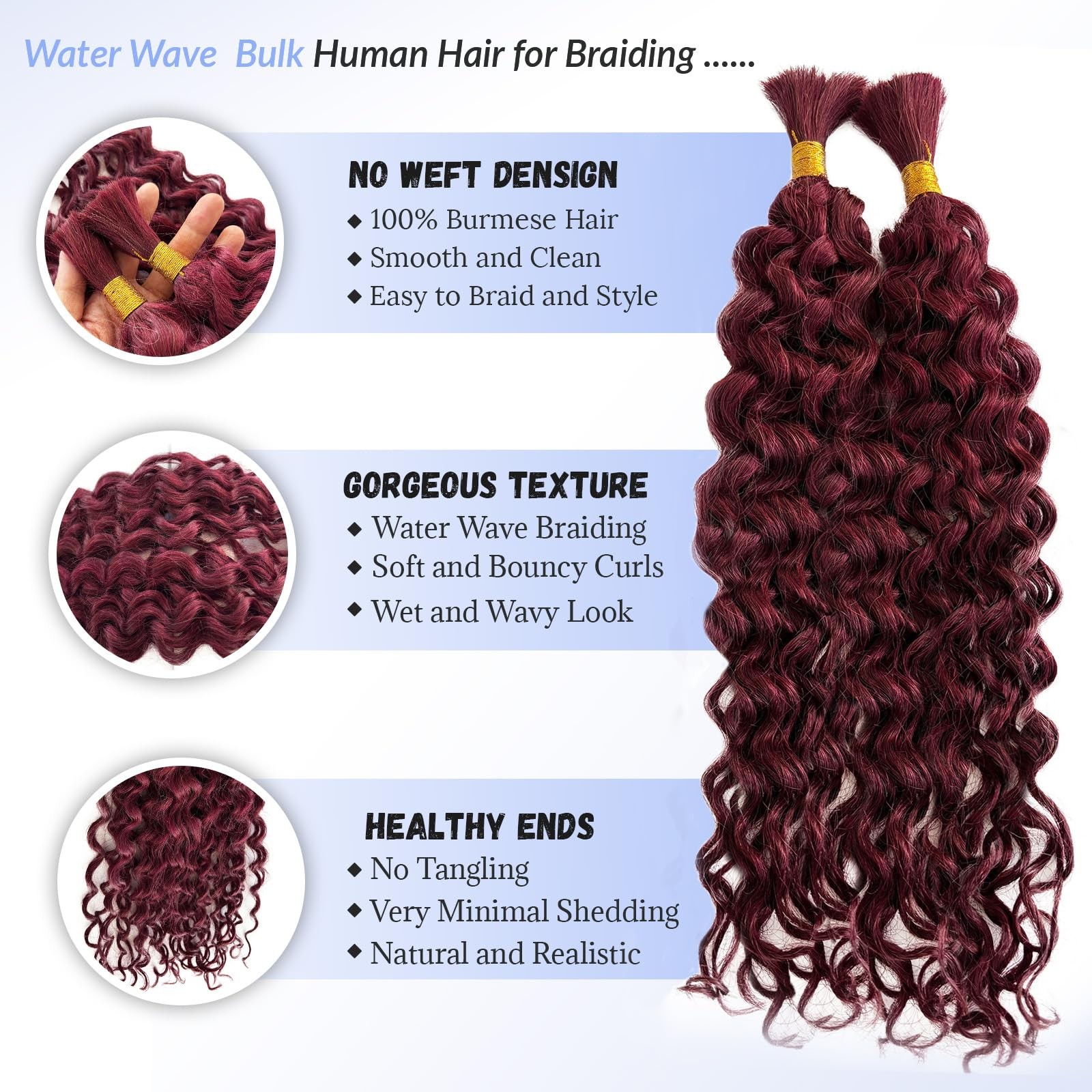 Licoville Burgundy Braiding Hair Deep Water Wave Bulk Boho Human Hair For