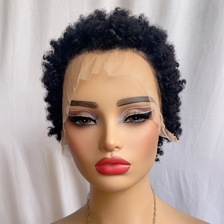 Short Afro Kinky Curly Black Pixie Cut Lace Front Wigs 100% Human Hair Party Wig
