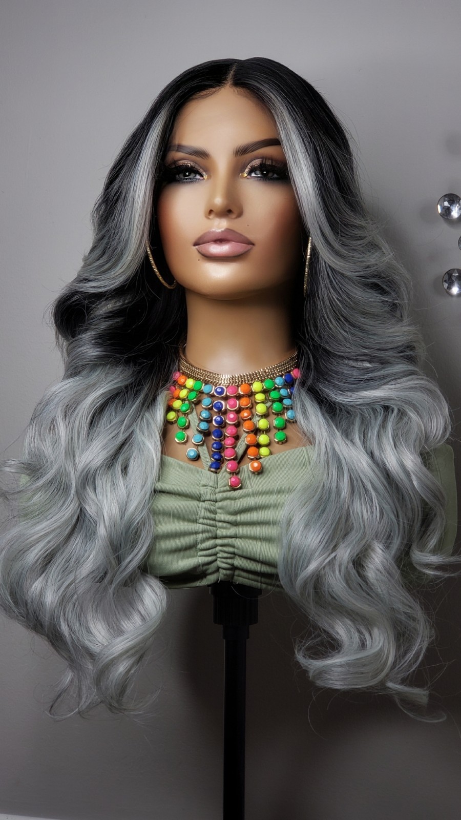 New Long Curly Money Piece Silver Gray Black Lace Front Wig Womens Wavy Style