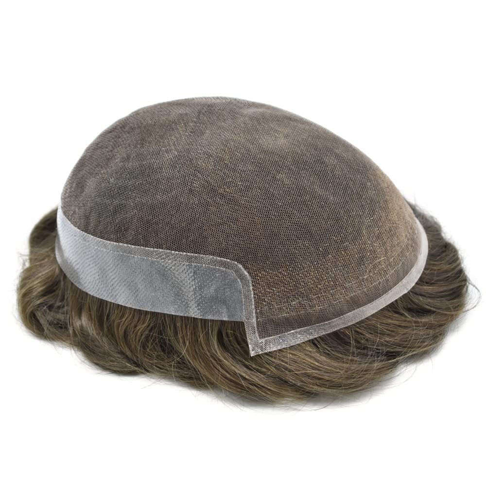 French Lace Front Mens Toupee Poly Skin Hairpieces Human Hair Replacement System