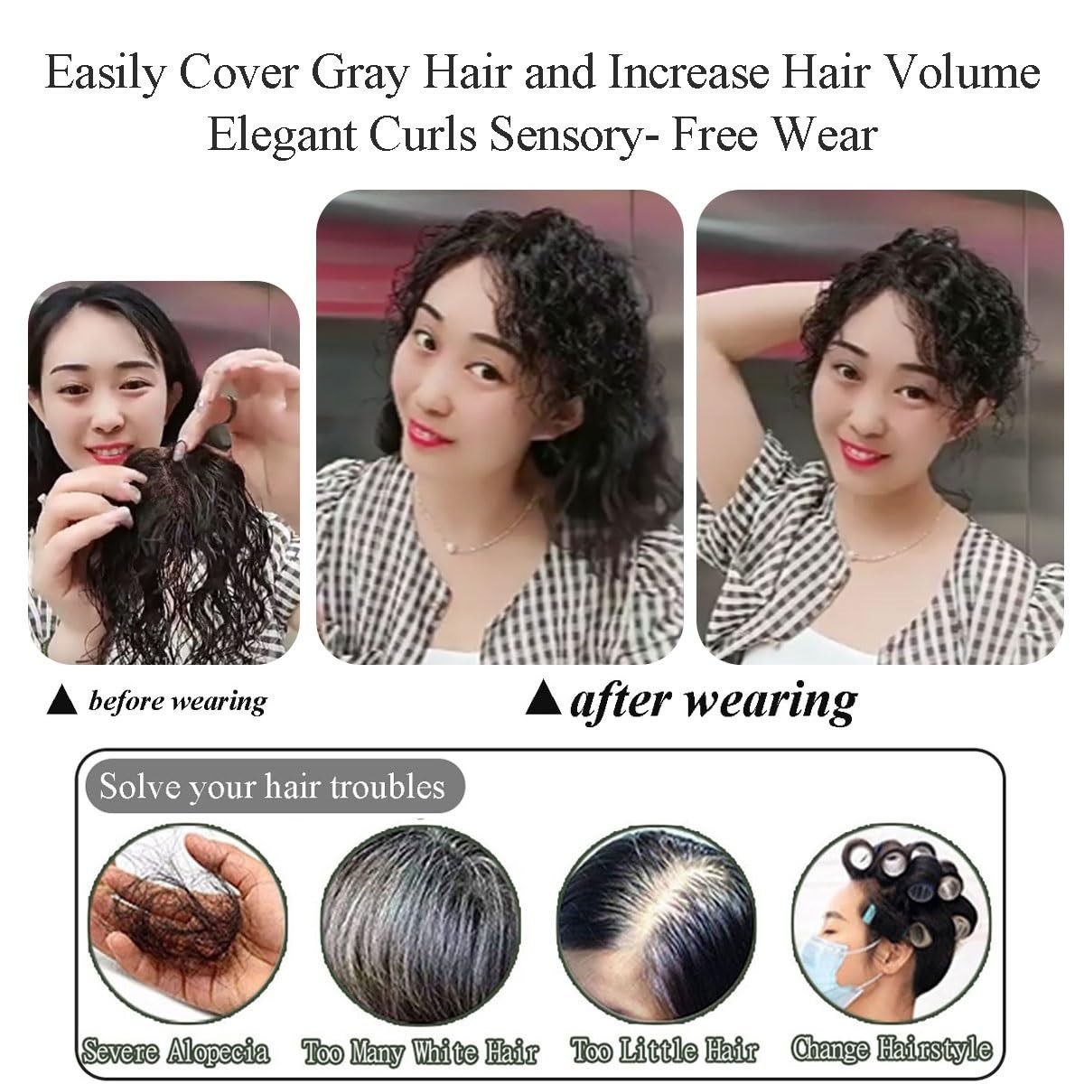 10″Fluffy Curly Wavy Hair Bangs Clip in Real Human Hair Topper Wiglet for Women