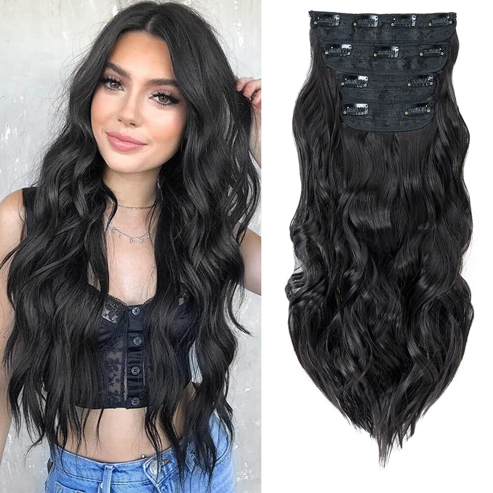 100% THICK 4PCS Clip in Hair Extensions Long Wavy Hair Extensions 22″ Hairpiece
