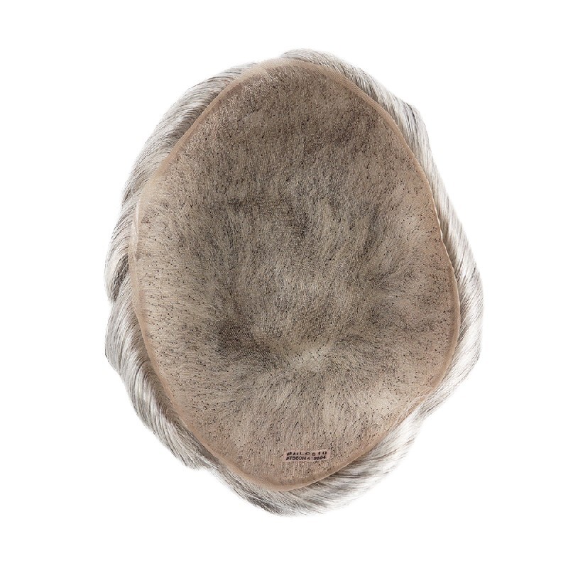 Mens Toupee French Lace Human Hair System Medium Density Grey Hair Pieces #1B80