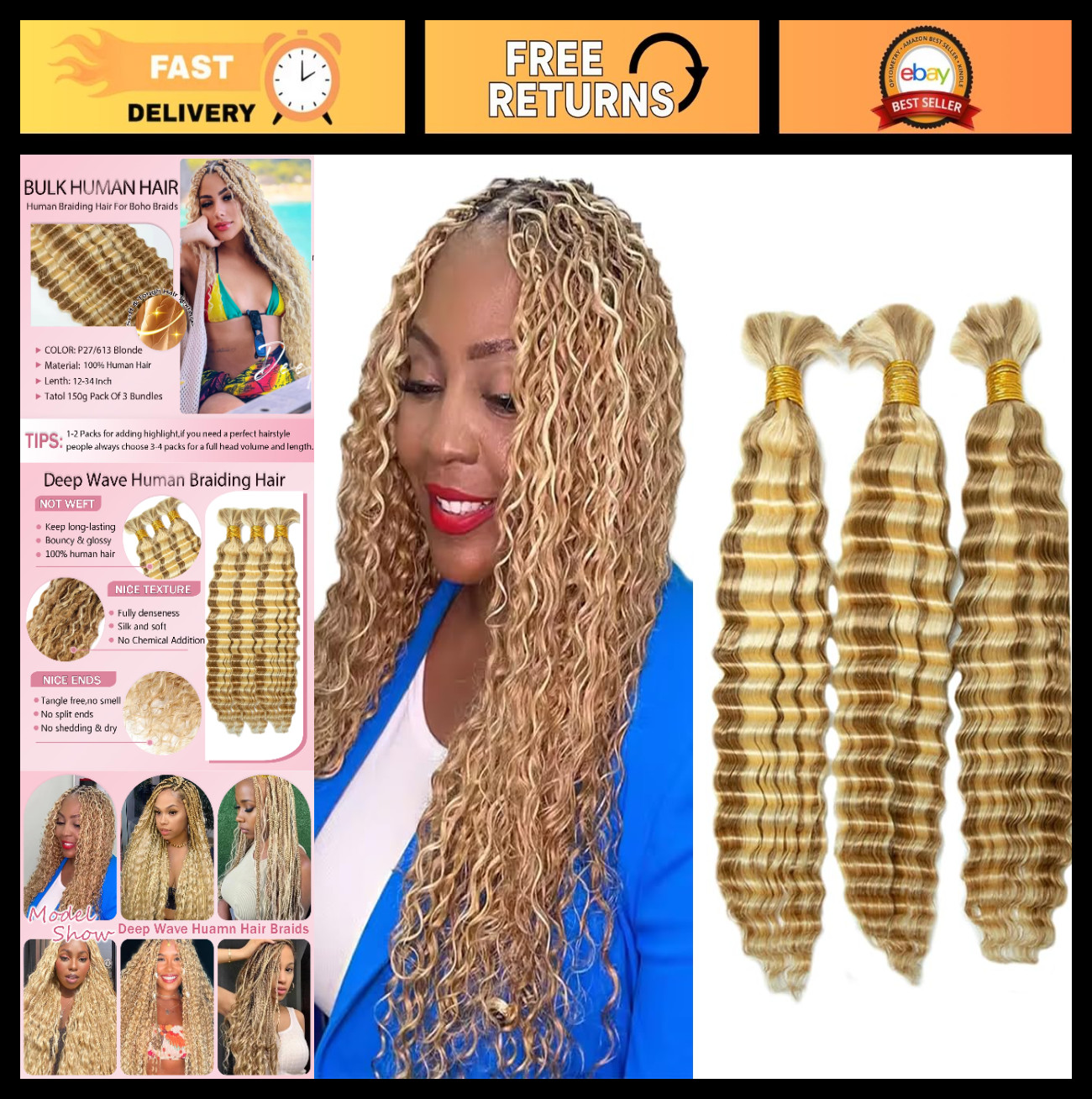 Highlight Honey Blonde Human Braiding Hair – 16″ Deep Wave Bulk Extensions, 3 Bu