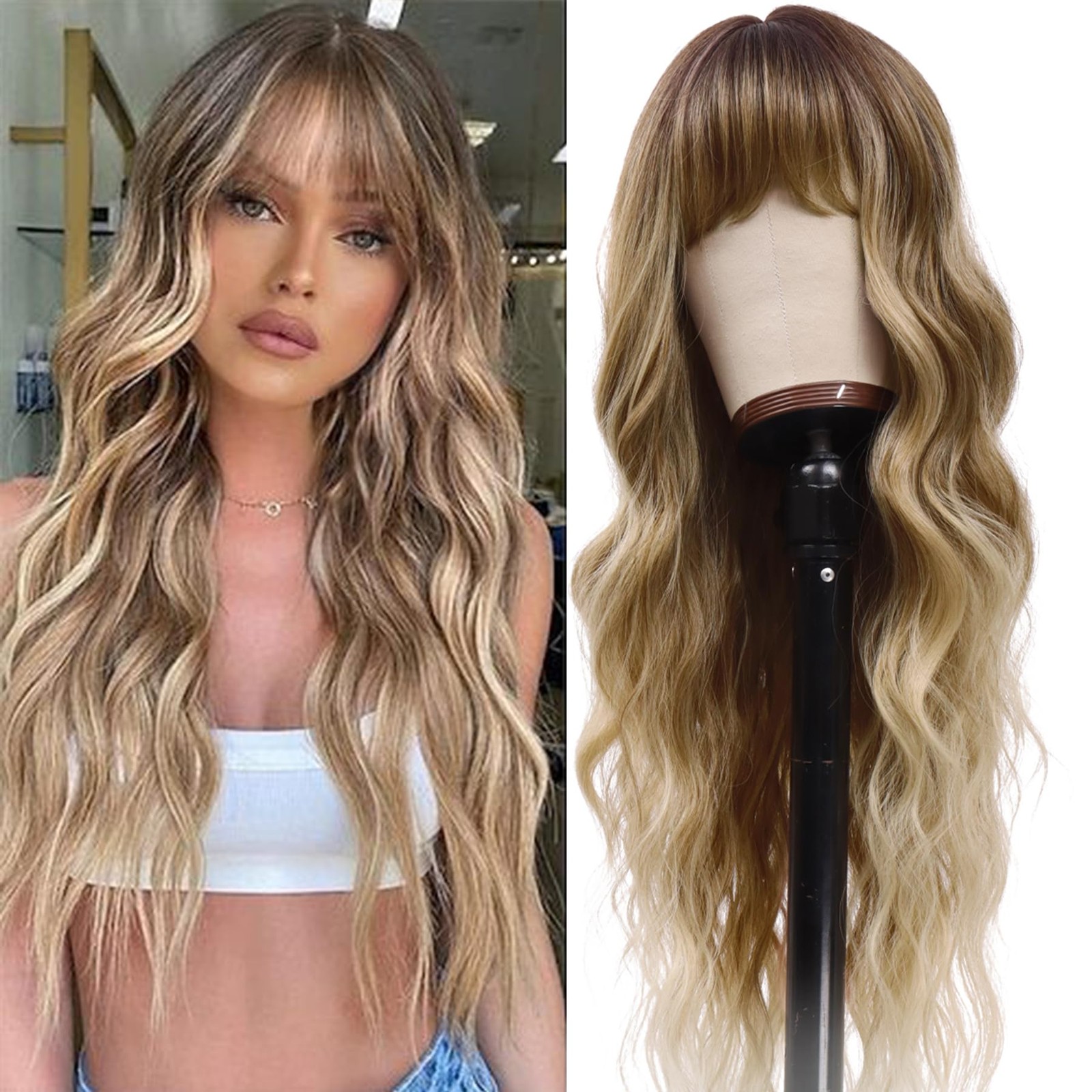 Dirty Blonde Wig with Bangs 26 Inch Long Curly Wavy Wigs for Women Natural Lo…