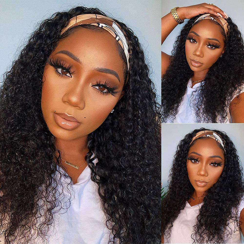 Headband Wig Human Hair Deep Wave 16 Inch Wigs for Black Women Glueless None Lac