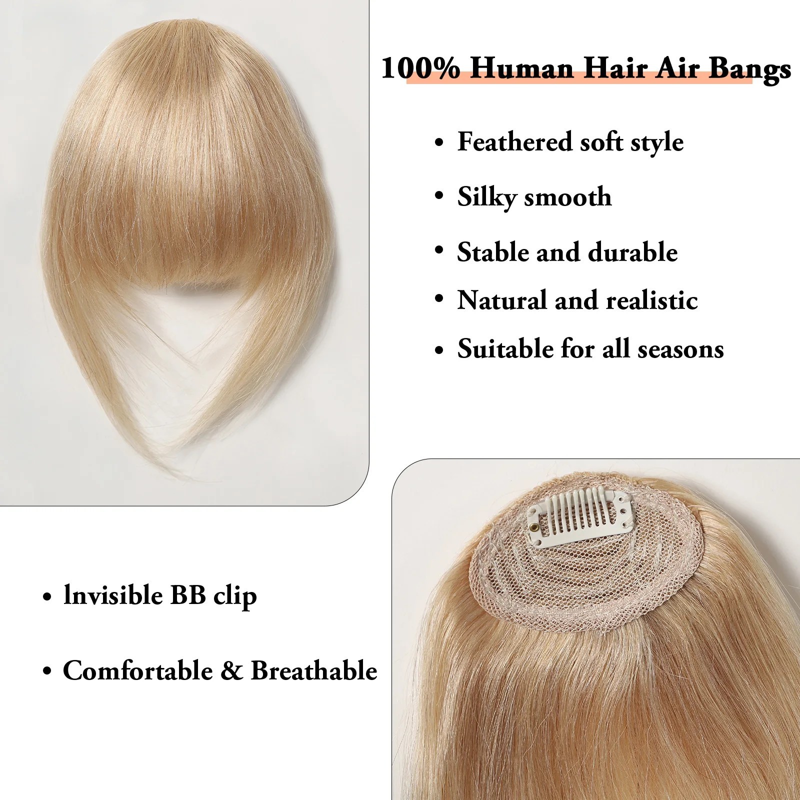 3 Inch Clip In Bangs 100% Human Hair Blonde French Fringe with Temples Thick