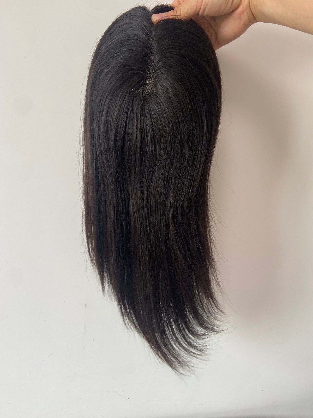 100% HUMAN HAIR CUTICLE INTACT MONO TOPPER 5.5×6.5″ OFF BLACK 14″ LONG FREE PART