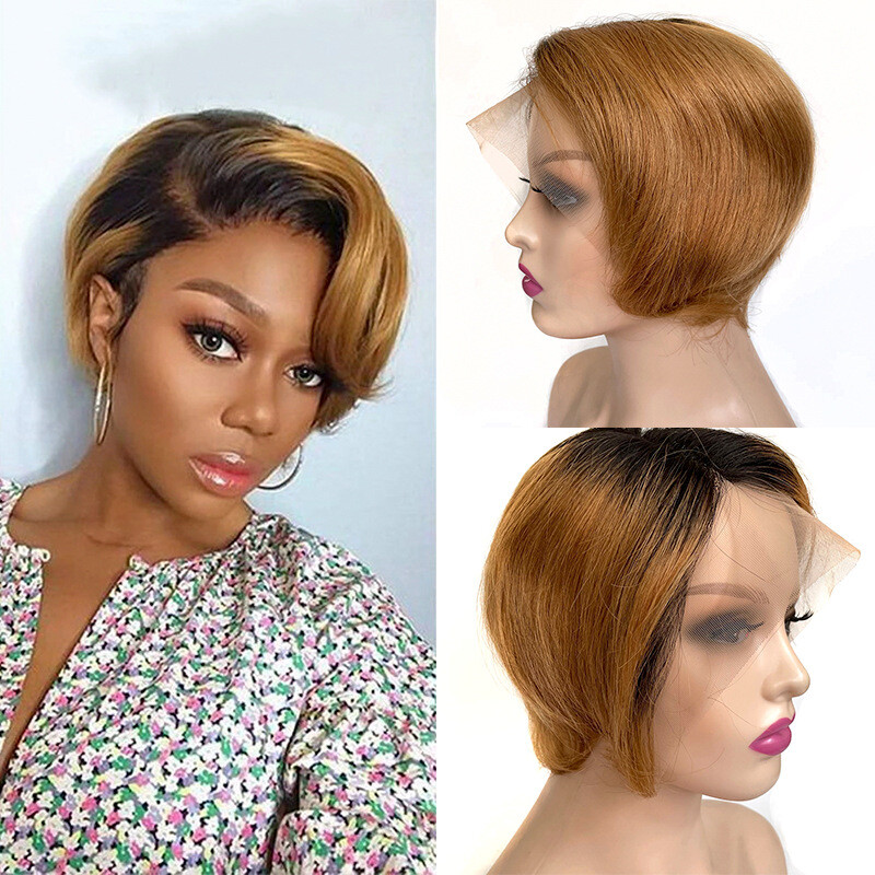 Blond Pixie Cut Wigs Human Hair Lace Front Wig Dark Roots L Part Pre plucked