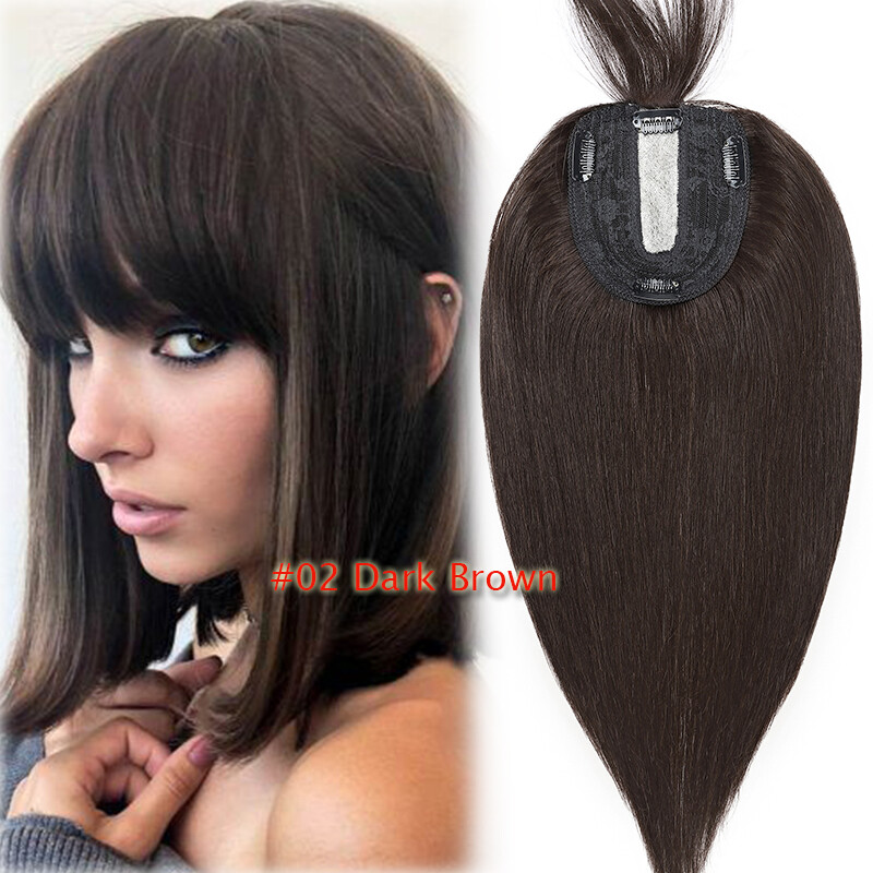 Silk Base 100%Remy Human Hair Topper Top Piece Extensions Women Toupee Clip BANG