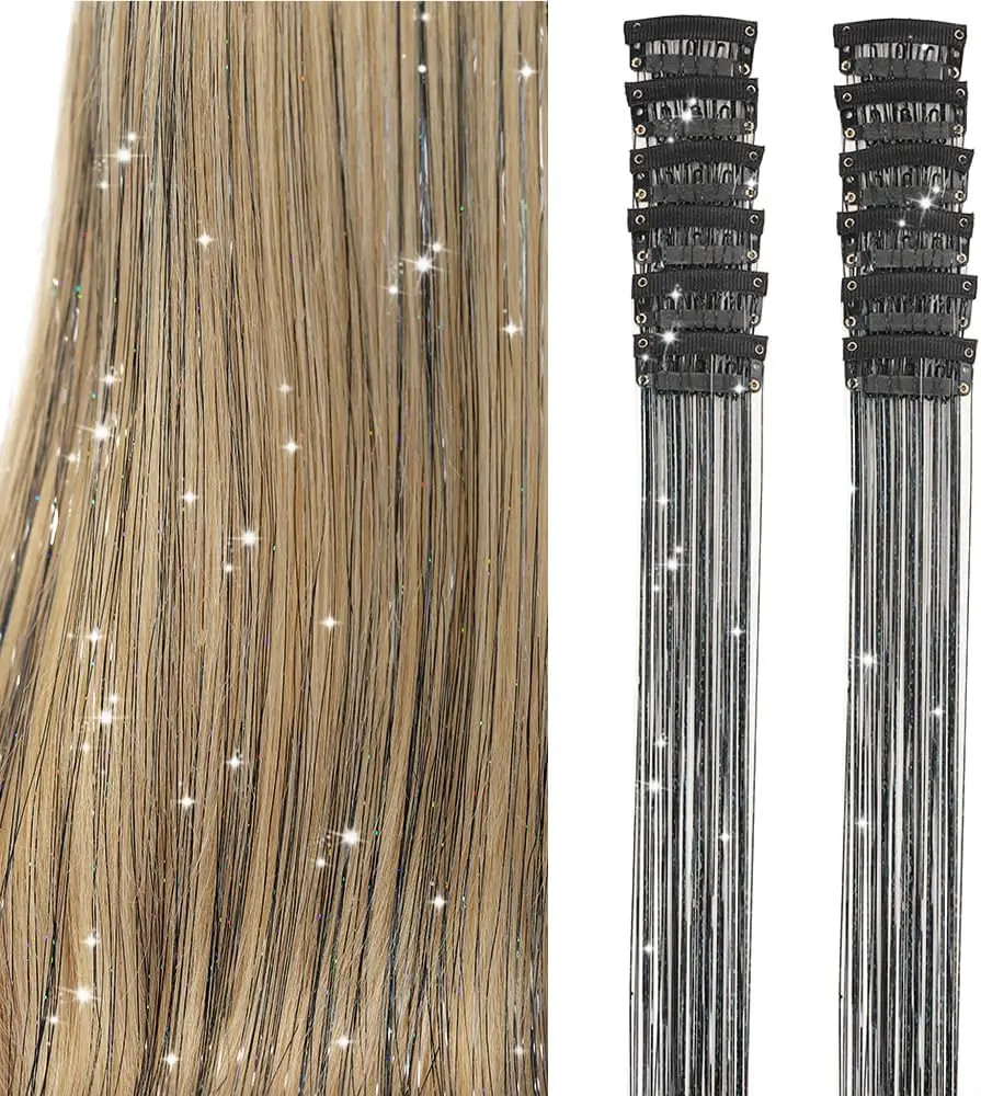 50cm Sparking Shiny Hair Tinsel Extensions Synthetic Clip In Hair Extensions